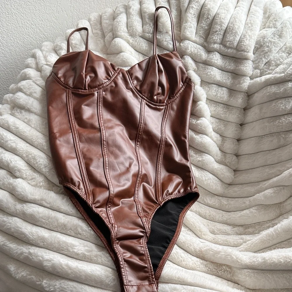 SHEIN Brown Faux Leather Bodysuit - Picture 1 of 3